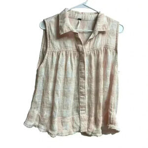 Free People Hey There Sunshine Button Down Pink and White Checks Blouse Medium